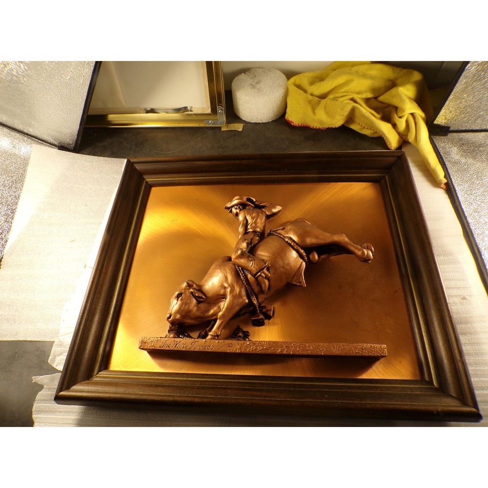 Victor The White Tornado Bull Riding 3D Relief Sculpture Framed Western Art